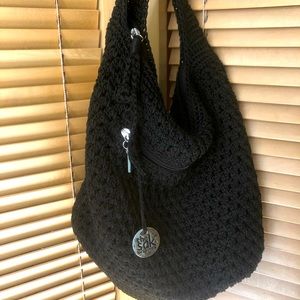 THE SAK LARGE BLACK CROCHET HOBO BAG - EUC